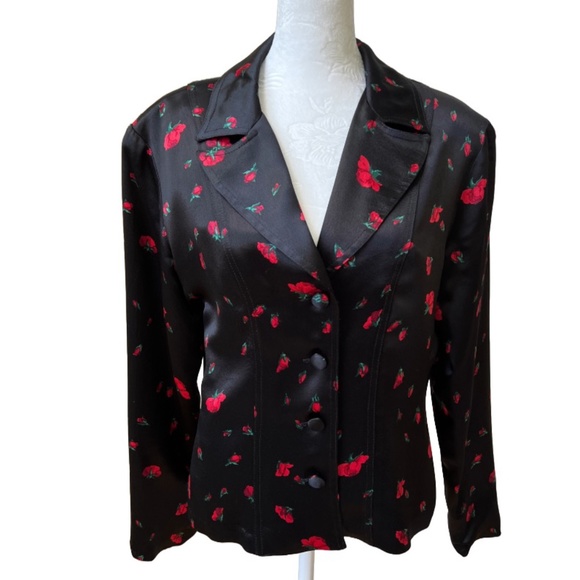 Betsey Johnson Dress & Jacket set w/belt black w/red rose print Vintage 90s mint - Picture 3 of 16